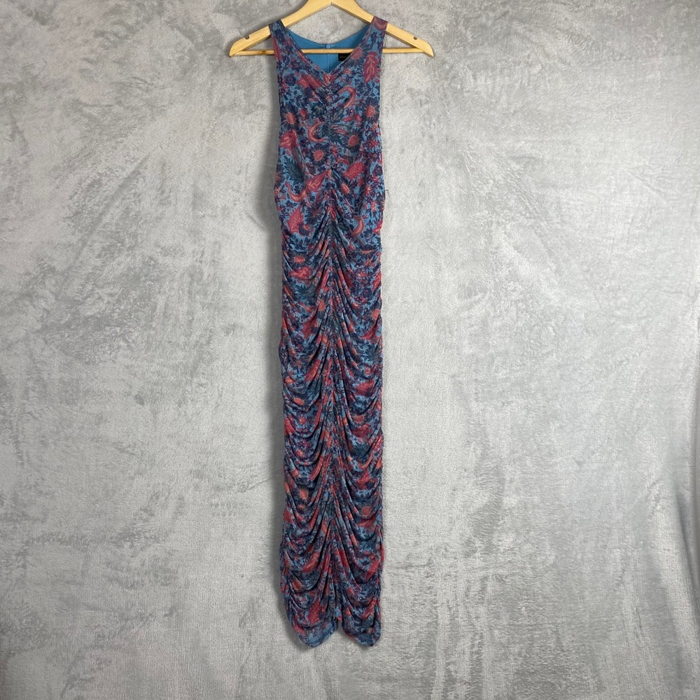 House of Harlow 1960 Blue Floral Paisley Ruched Mesh Midi Dress Womens Small